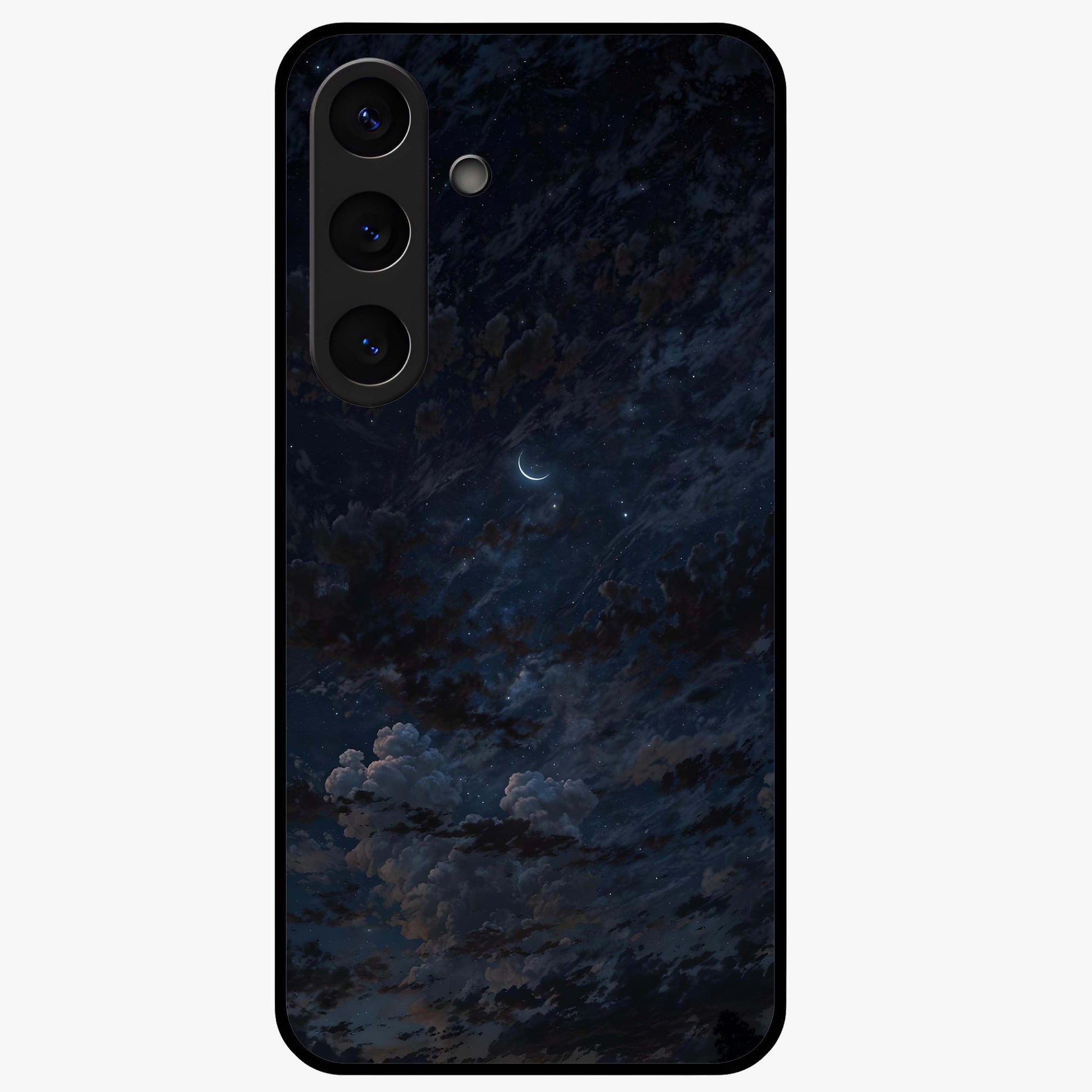Lunar Veil Silence Glass Case showing flat back view with mystical moon veil artwork and glossy glass finish.