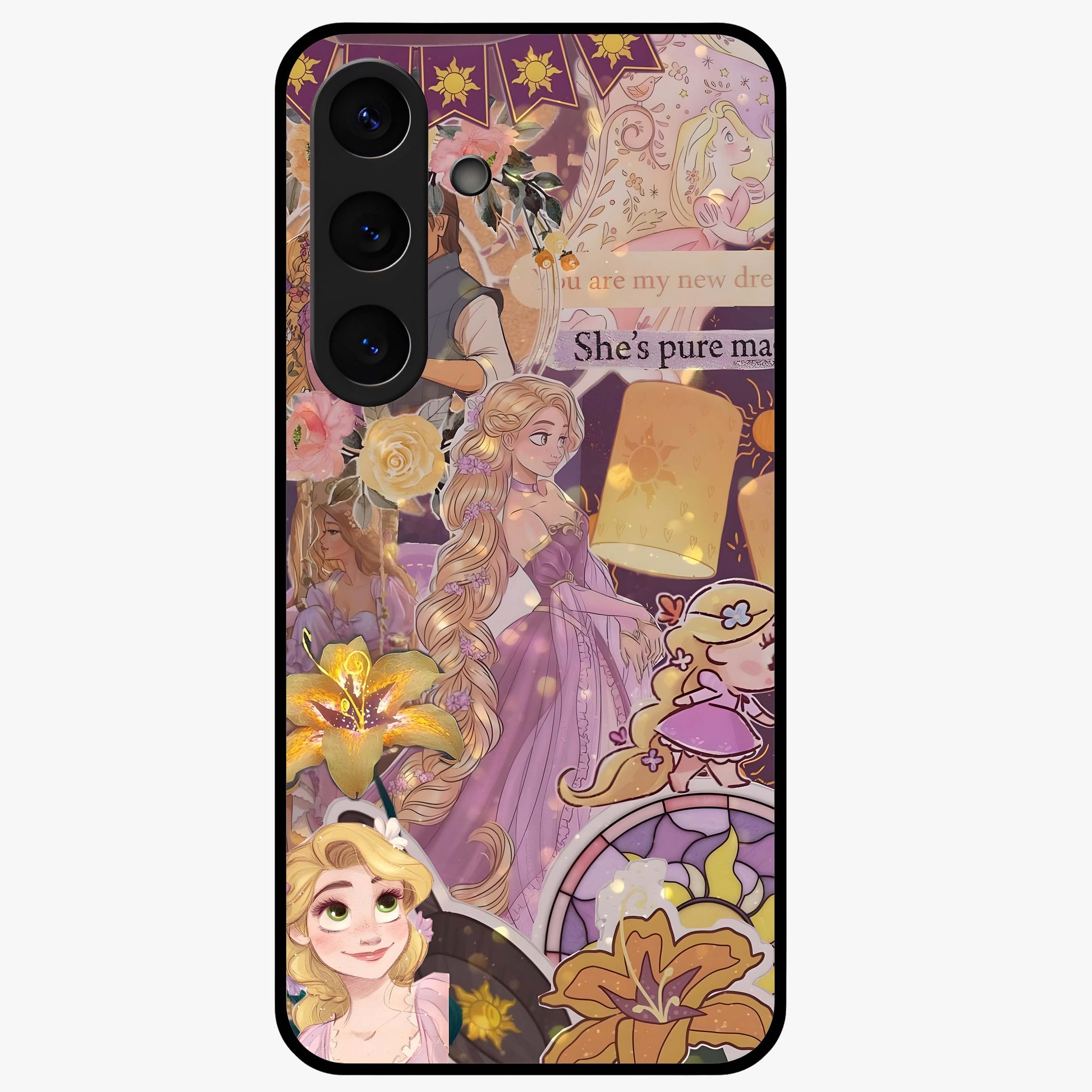 Magical Tangled Dream Glass Case showing flat back view with dreamy tangled artwork and glossy glass finish.