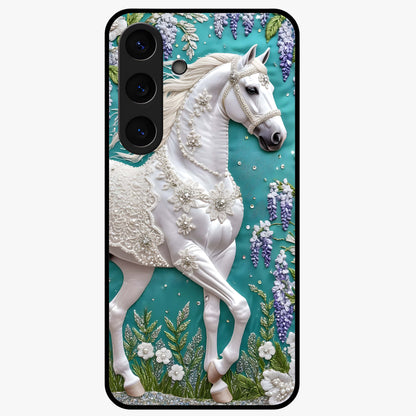 Majestic Floral Stallion Glass Case showing flat back view with powerful horse and floral artwork and glossy glass finish.