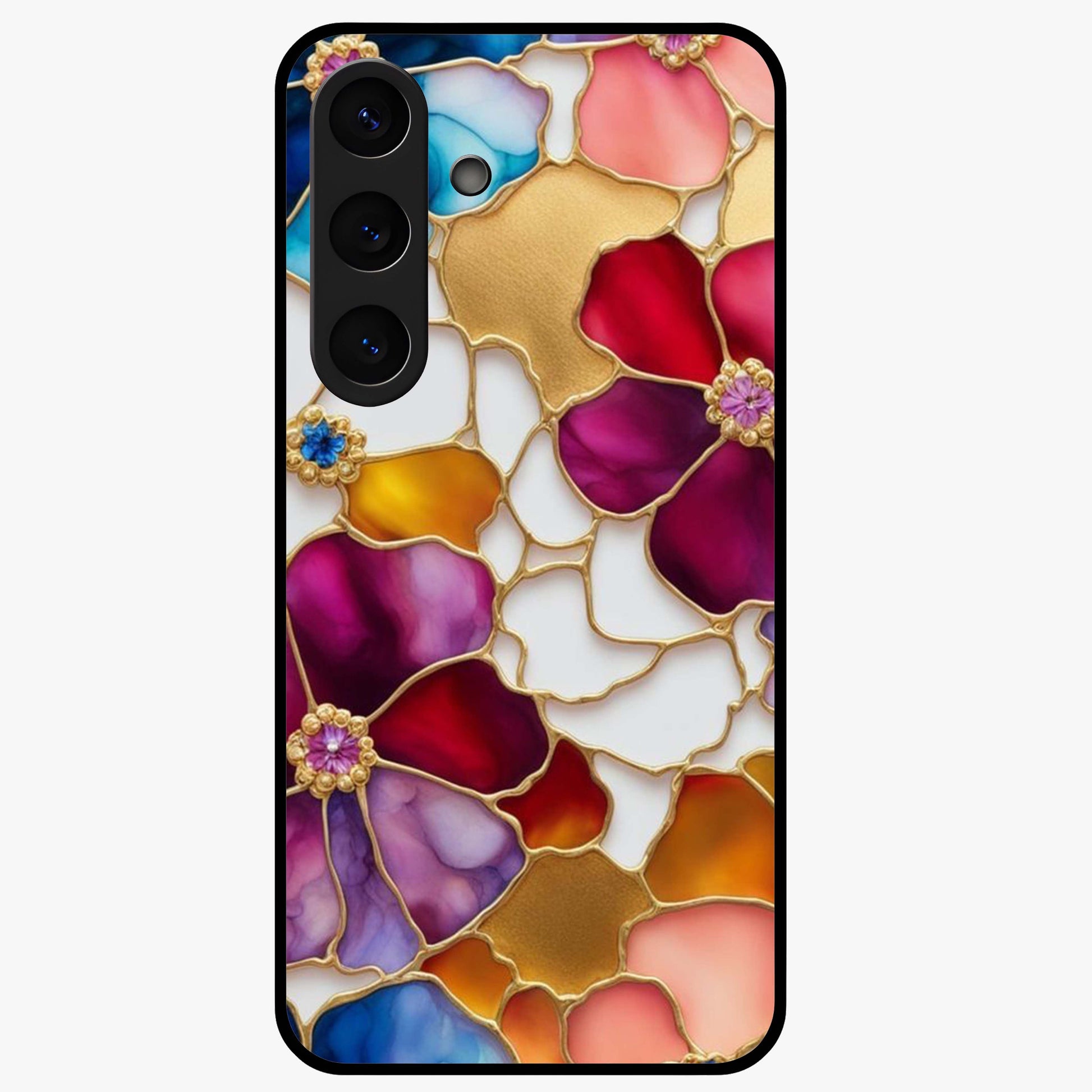 Marble Flower Pattern Glass Case showing flat back view with marble texture floral artwork and glossy glass finish.