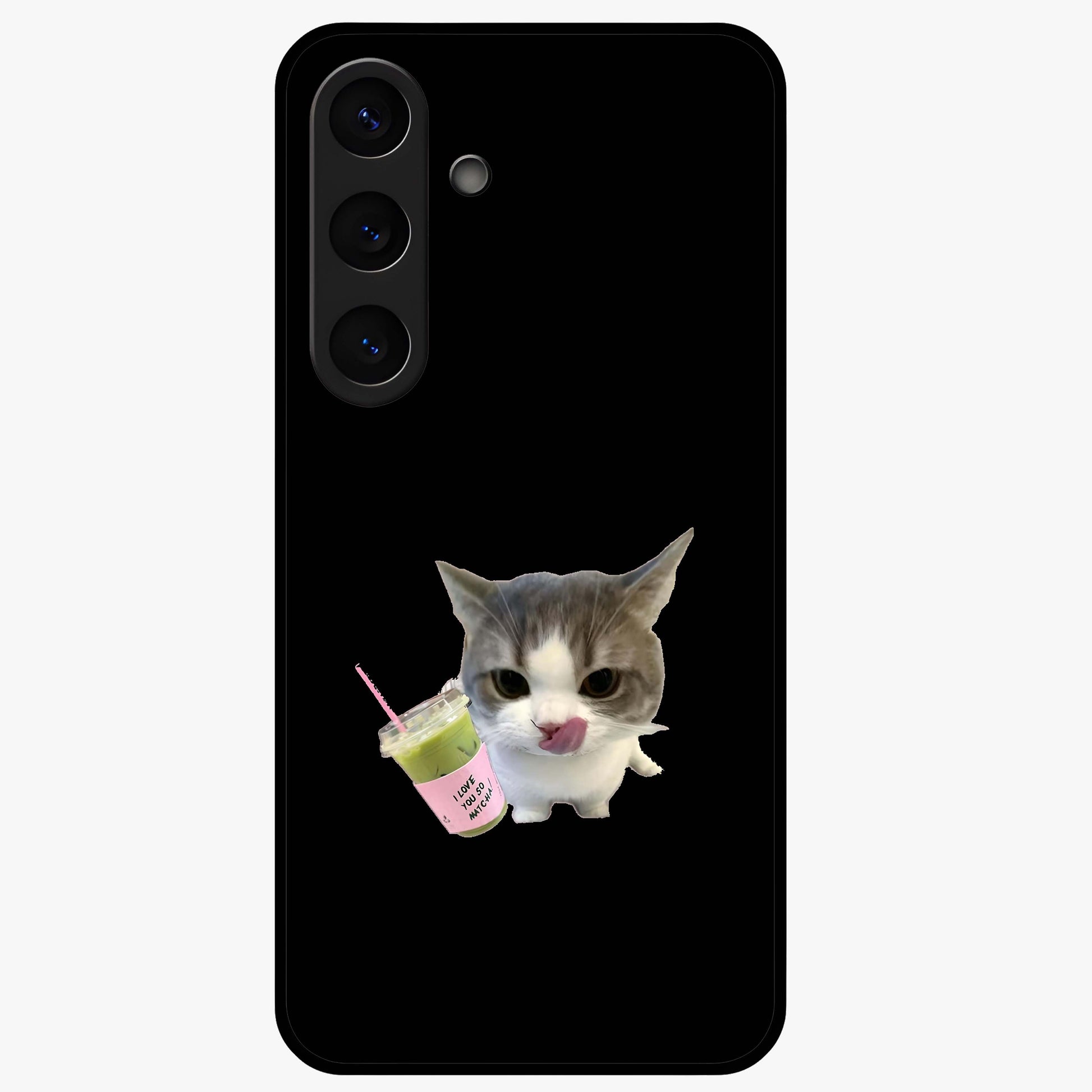 Matcha Cat Style Glass Case showing flat back view with cute matcha themed cat artwork and glossy glass finish.