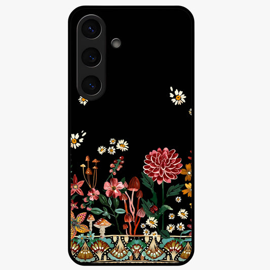 Midnight Bloom Pattern Glass Case showing flat back view with dark floral pattern artwork and glossy glass finish.