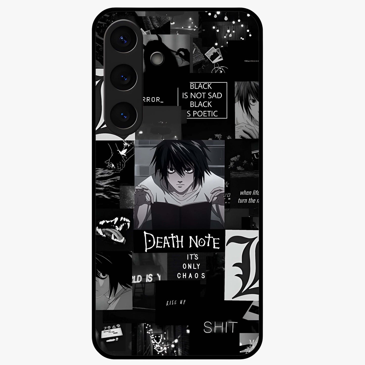 Midnight Chaos Mind Glass Case showing flat back view with abstract dark themed artwork and glossy glass finish.