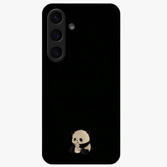 Midnight Panda Love Glass Case showing flat back view with cute panda themed artwork and glossy glass finish.