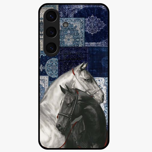 Midnight Stallion Blues Glass Case showing flat back view with majestic horse artwork and glossy glass finish.