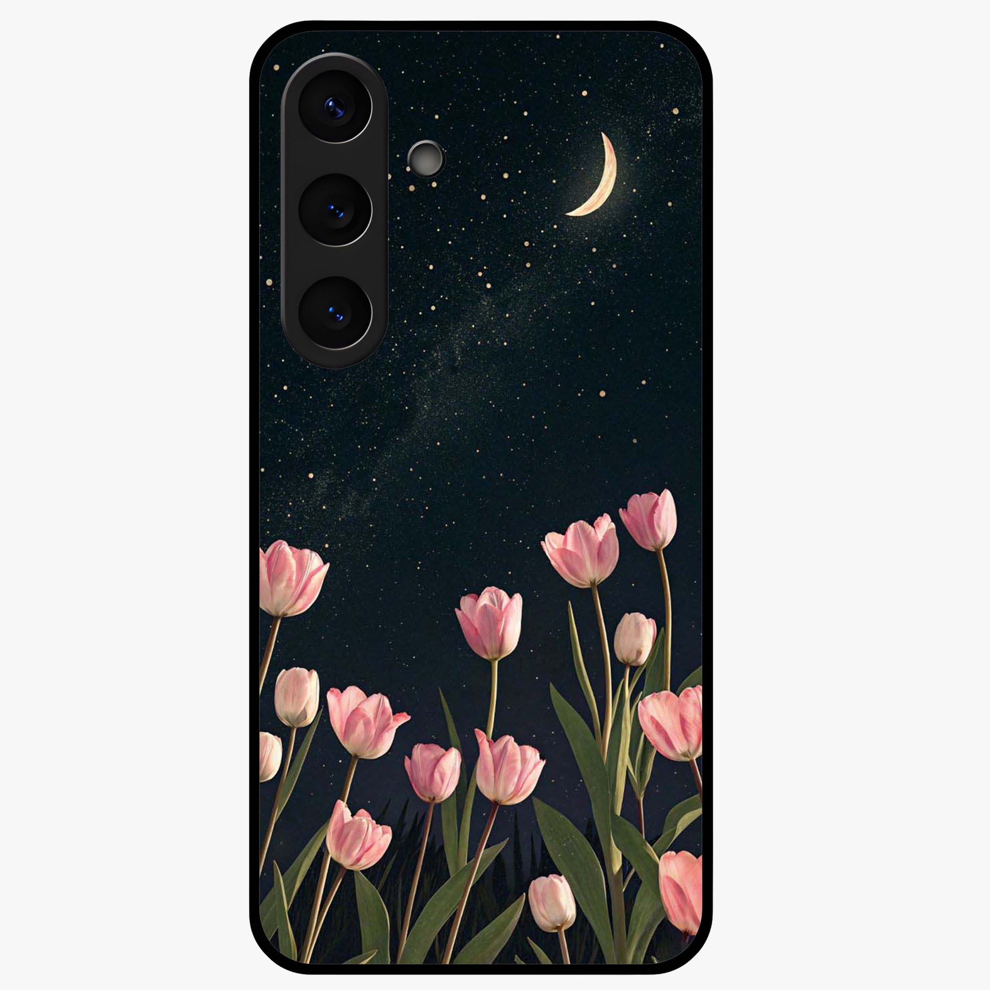 Midnight Tulip Whispers Vibe Glass Case showing flat back view with elegant tulip flower artwork and glossy glass finish.