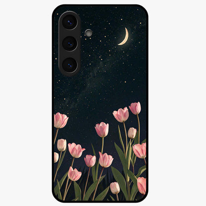 Midnight Tulip Whispers Vibe Glass Case showing flat back view with elegant tulip flower artwork and glossy glass finish.