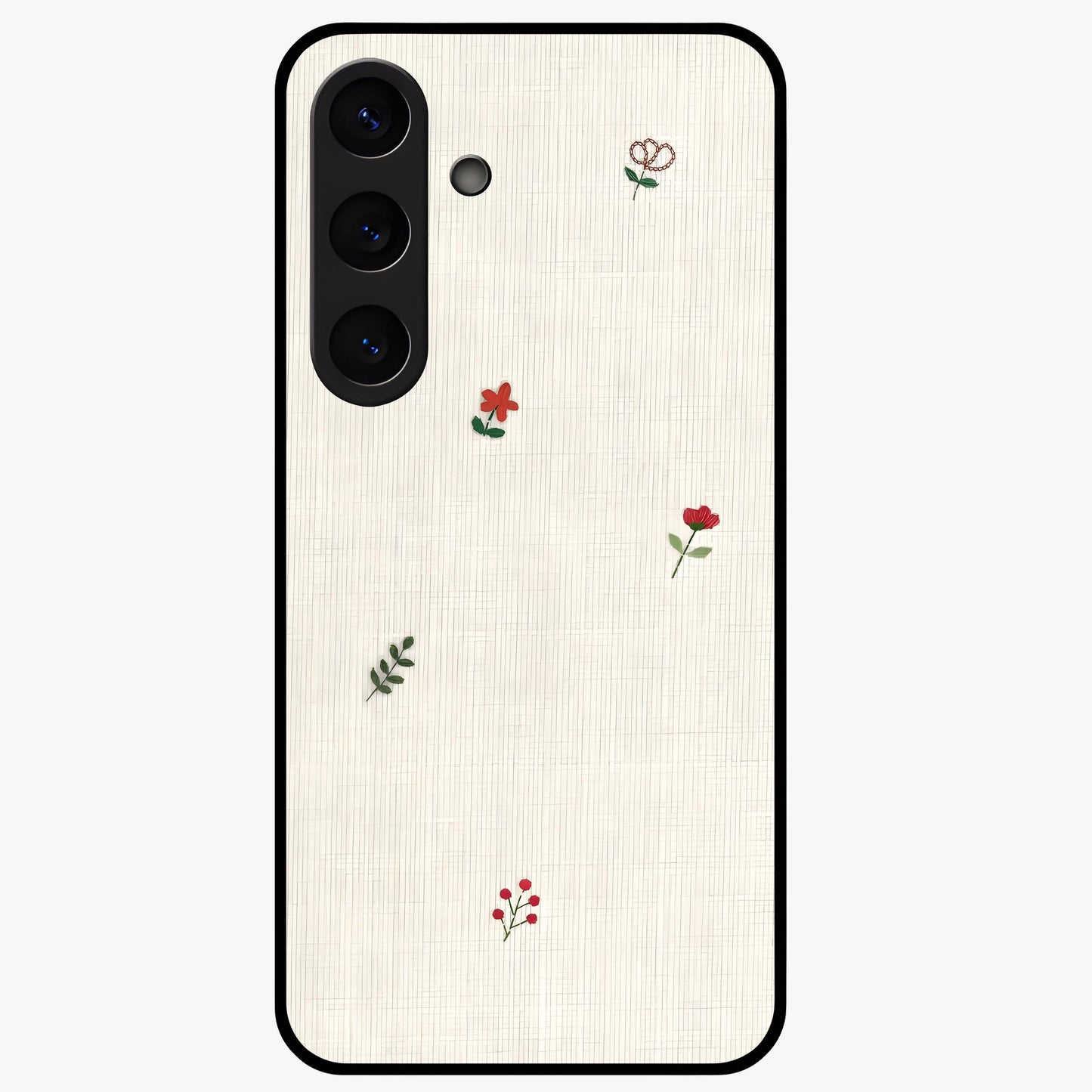 Minimal Petal Whispers Glass Case showing flat back view with soft minimal floral artwork and glossy glass finish.