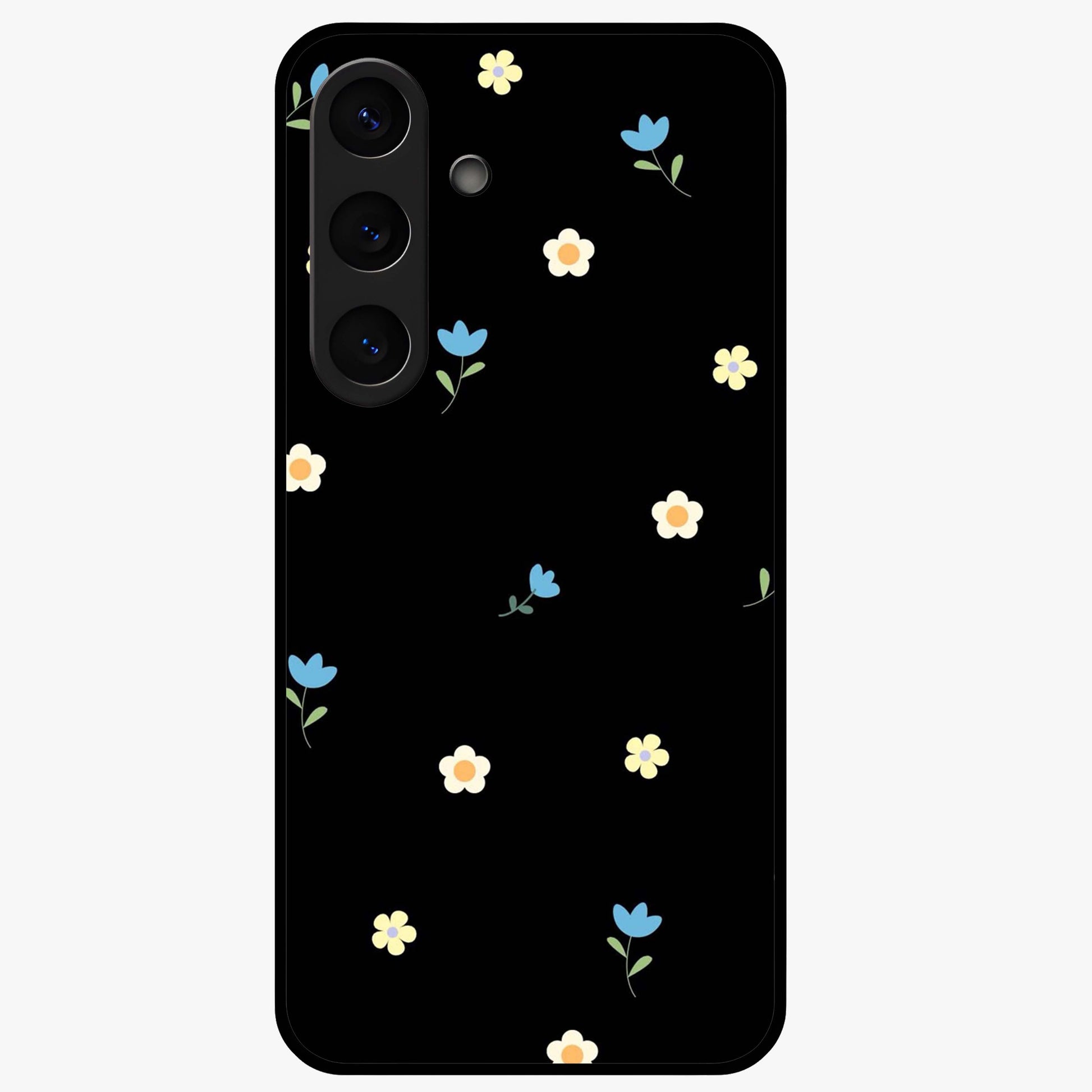 Minimalistic Blue With White Flower Pattern Glass Case showing flat back view with blue background and white flower pattern and glossy glass finish.