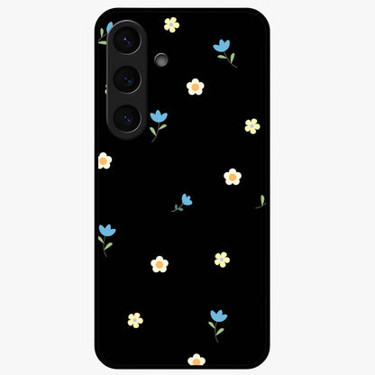 Minimalistic Blue With White Flower Pattern Glass Case showing flat back view with blue background and white flower pattern and glossy glass finish.