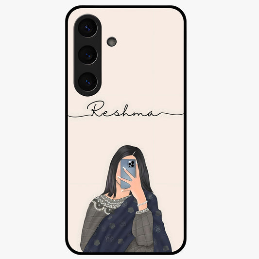 Mirror Mood Muse With Custom Name Glass Case showing flat back view with stylish mirrored artwork and personalized name design.