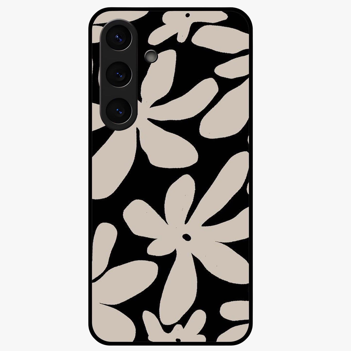 Monochrome Petal Dance Glass Case showing flat back view with monochrome floral artwork and glossy glass finish.