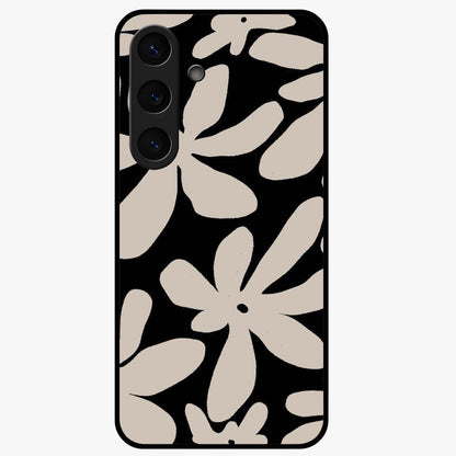 Monochrome Petal Dance Glass Case showing flat back view with monochrome floral artwork and glossy glass finish.