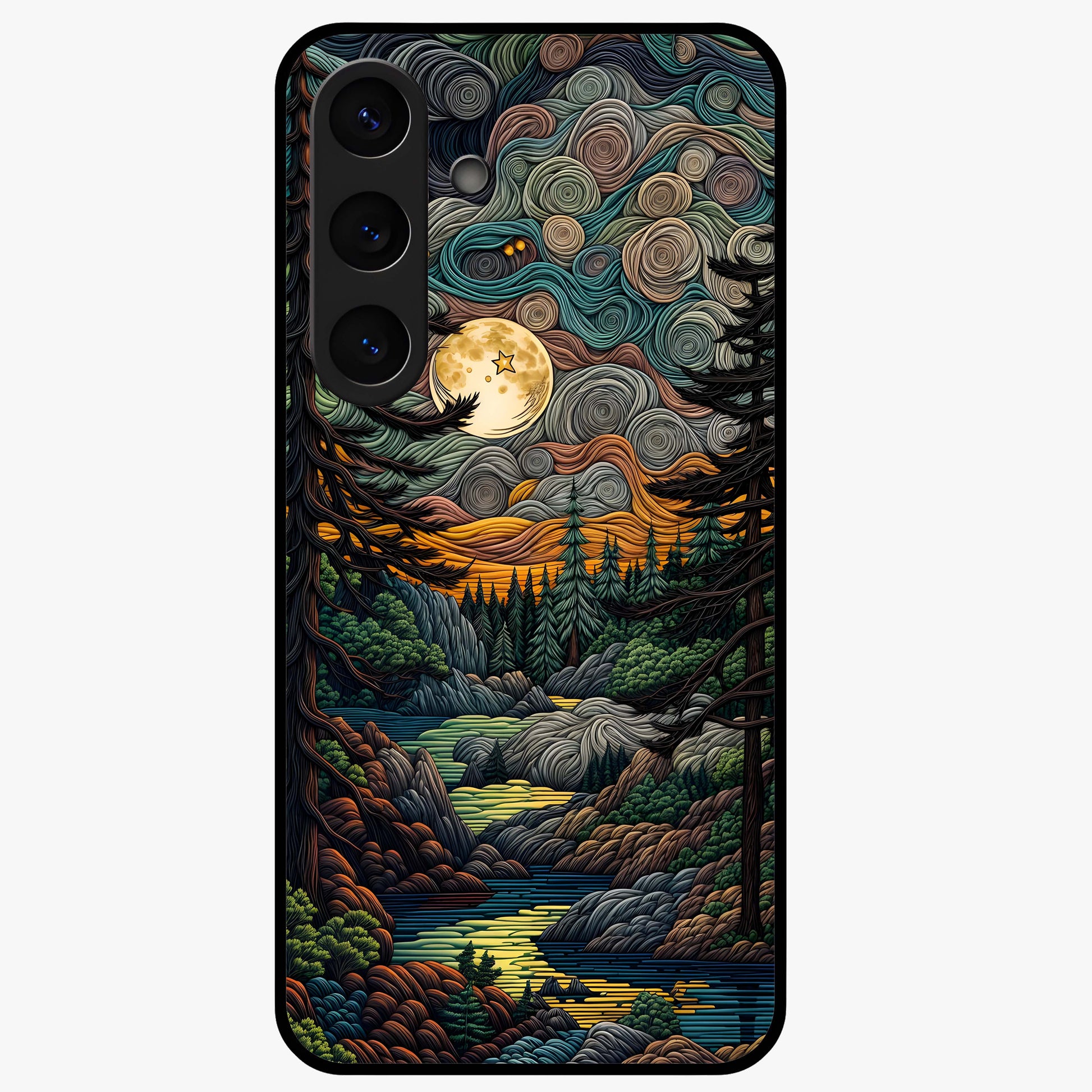 Moonlight Forest Dream Glass Case showing flat back view with mystical forest moonlight artwork and glossy glass finish.