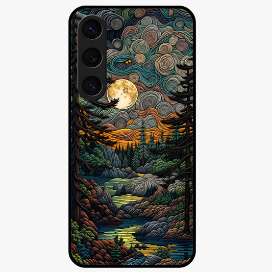 Moonlight Forest Dream Glass Case showing flat back view with mystical forest moonlight artwork and glossy glass finish.
