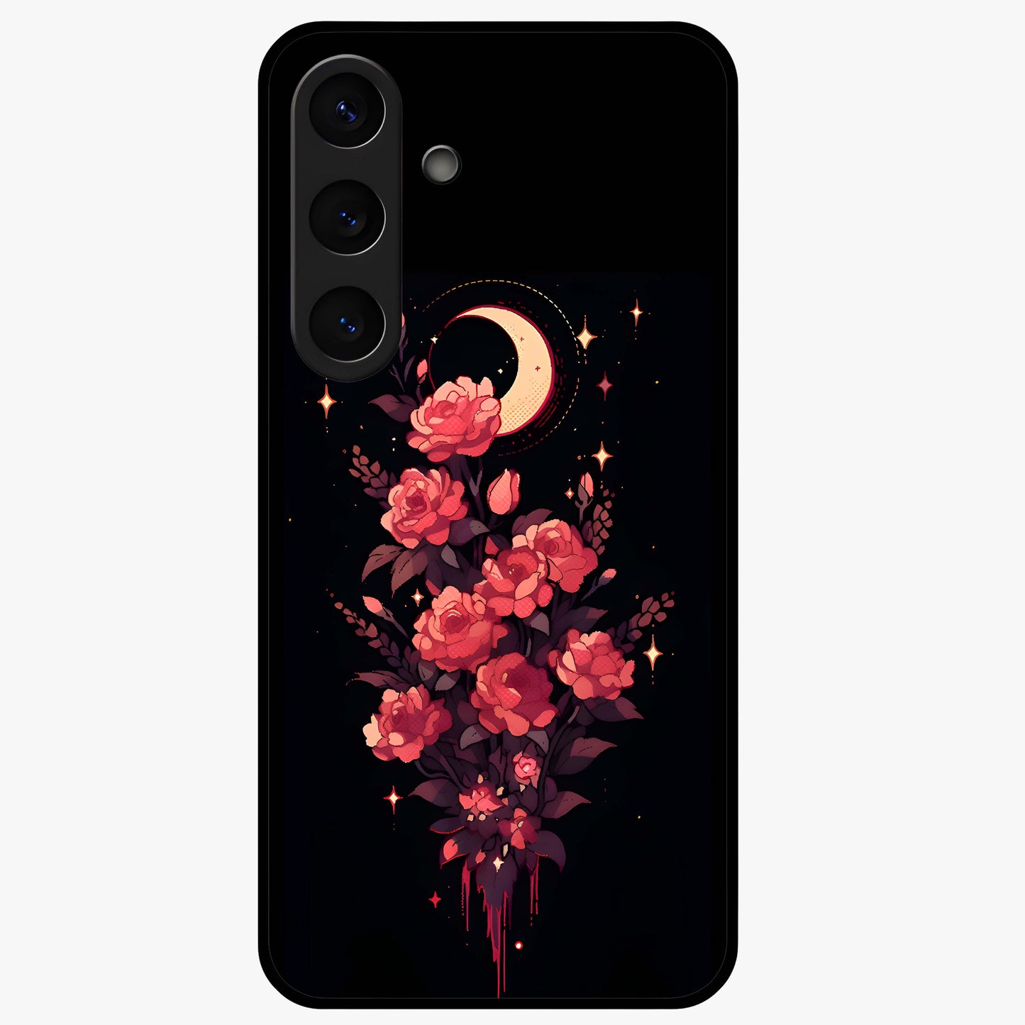 Moonlit Floral Elegance Glass Case showing flat back view with elegant floral artwork under moonlit tones and glossy glass finish.