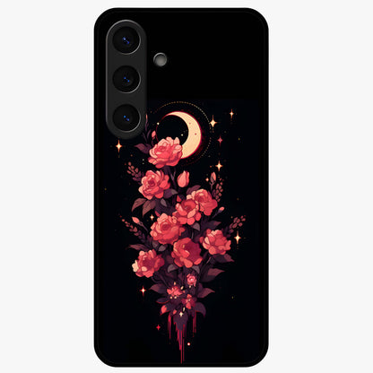 Moonlit Floral Elegance Glass Case showing flat back view with elegant floral artwork under moonlit tones and glossy glass finish.