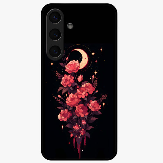 Moonlit Floral Elegance Glass Case showing flat back view with elegant floral artwork under moonlit tones and glossy glass finish.