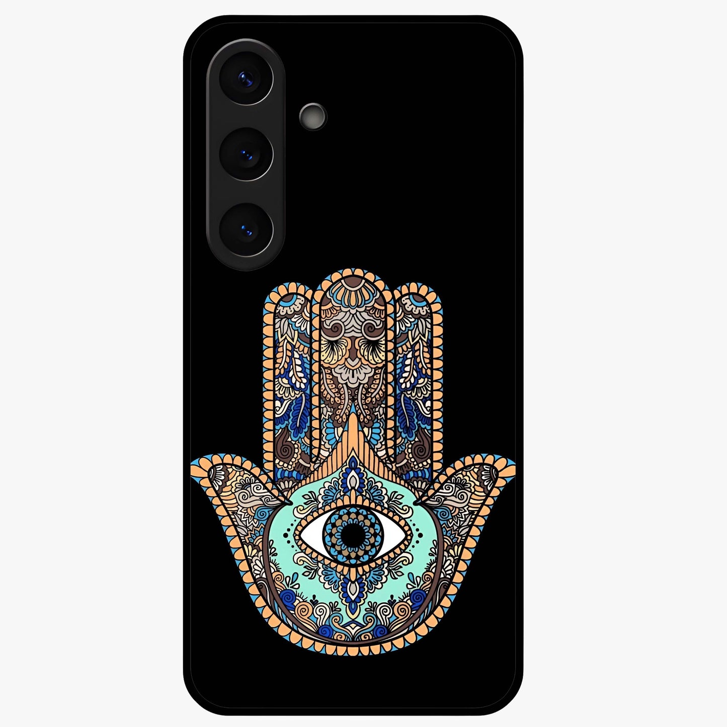Mystic Hamsa Eye Glass Case showing flat back view with protective hamsa hand and evil eye artwork and glossy glass finish.