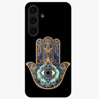 Mystic Hamsa Eye Glass Case showing flat back view with protective hamsa hand and evil eye artwork and glossy glass finish.