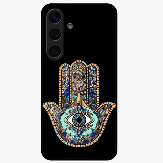 Mystic Hamsa Eye Glass Case showing flat back view with protective hamsa hand and evil eye artwork and glossy glass finish.