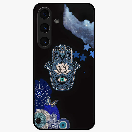 Mystic Hand Aura Glass Case showing flat back view with mystical hand symbol artwork and glossy glass finish.