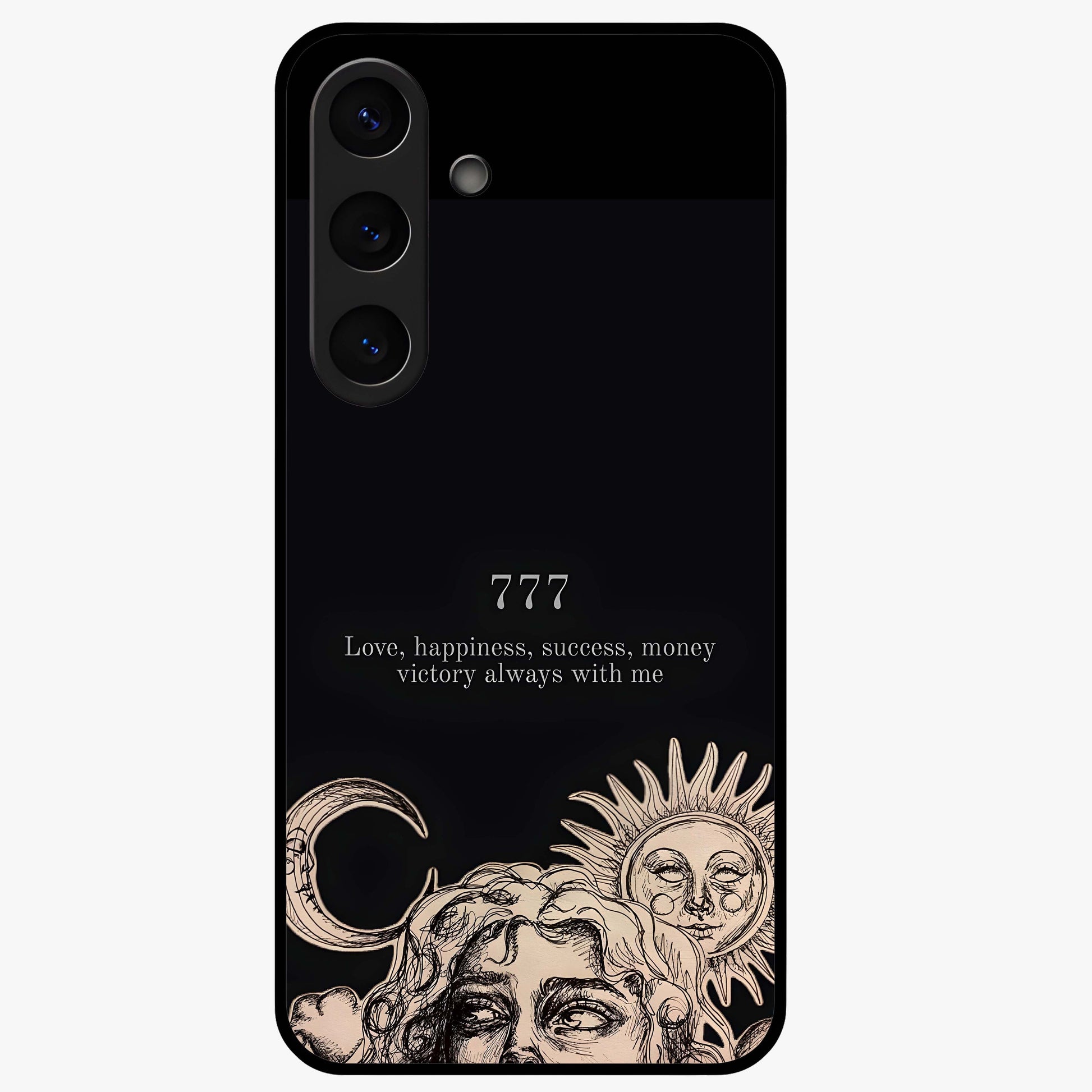 Mystic Victory Aura Glass Case showing flat back view with victory symbol artwork and glossy glass finish.