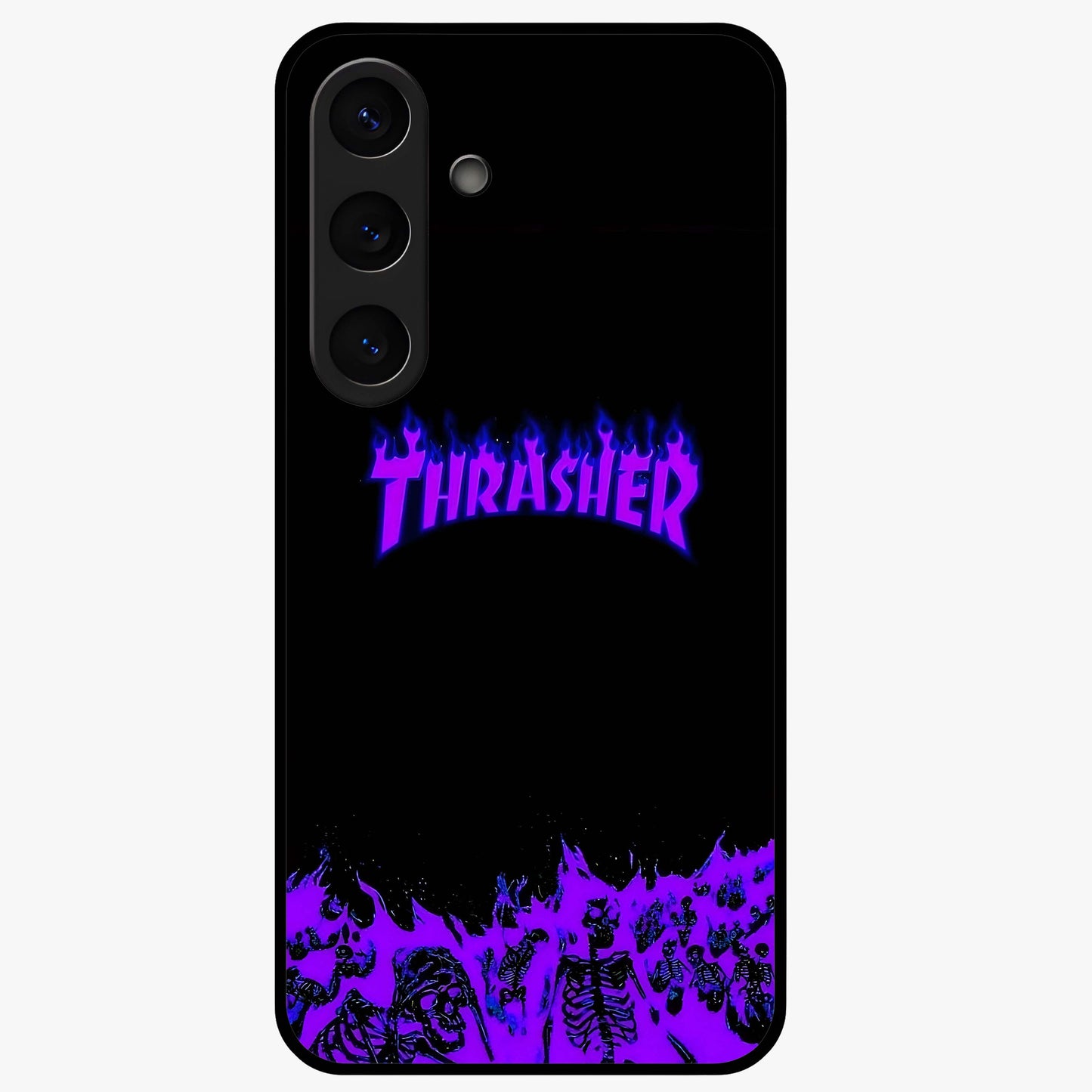 Neon Flame Riot Glass Case showing flat back view with neon flame artwork and glossy glass finish.