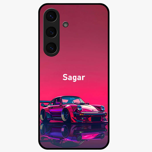 Neon Pink Porsche Glass Case showing flat back view with stylish sports car artwork and glossy glass finish.