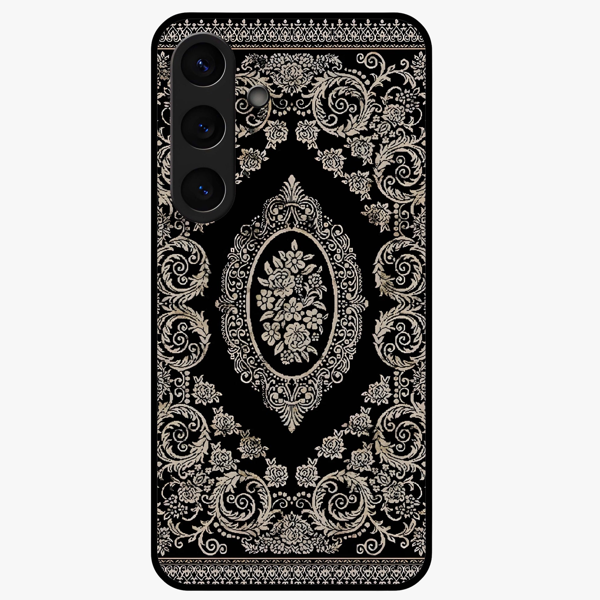 Noir Bloom Elegance Glass Case showing flat back view with elegant dark floral artwork and glossy glass finish.