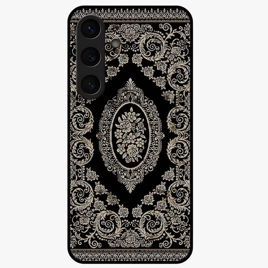 Noir Bloom Elegance Glass Case showing flat back view with elegant dark floral artwork and glossy glass finish.