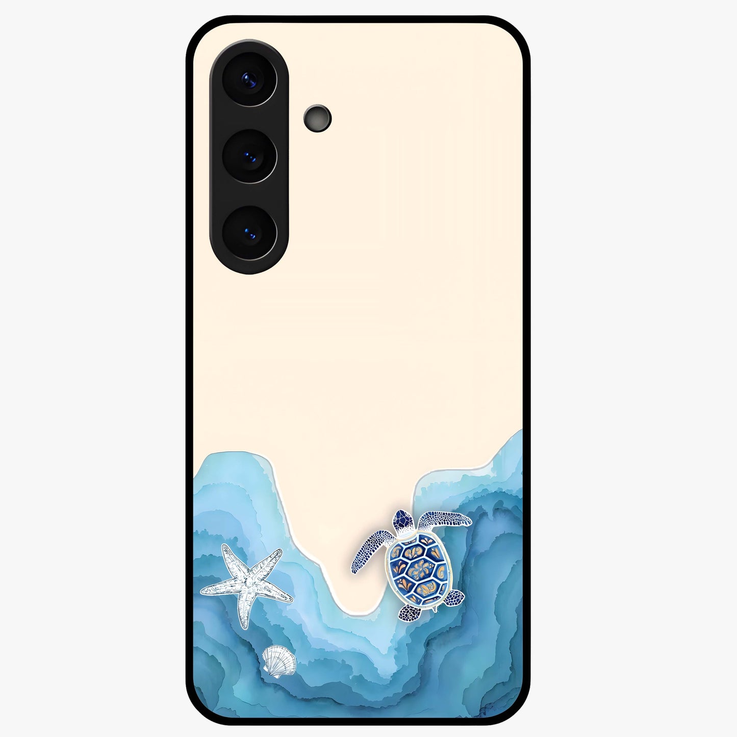 Ocean Drift Turtle Glass Case showing flat back view with sea turtle artwork and glossy glass finish.