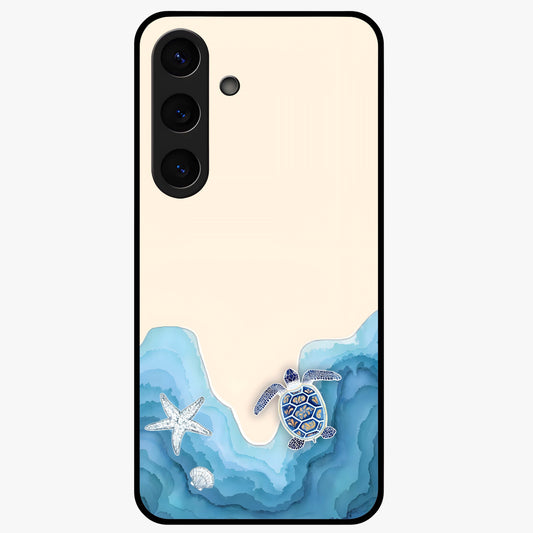 Ocean Drift Turtle Glass Case showing flat back view with sea turtle artwork and glossy glass finish.