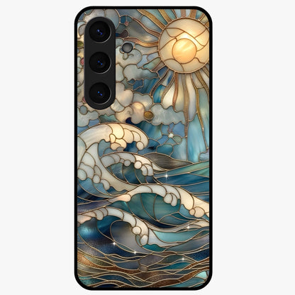 Oceanic Stained Printed Glass Case showing flat back view with ocean inspired stained pattern artwork and glossy glass finish.