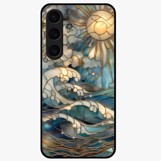 Oceanic Stained Printed Glass Case showing flat back view with ocean inspired stained pattern artwork and glossy glass finish.