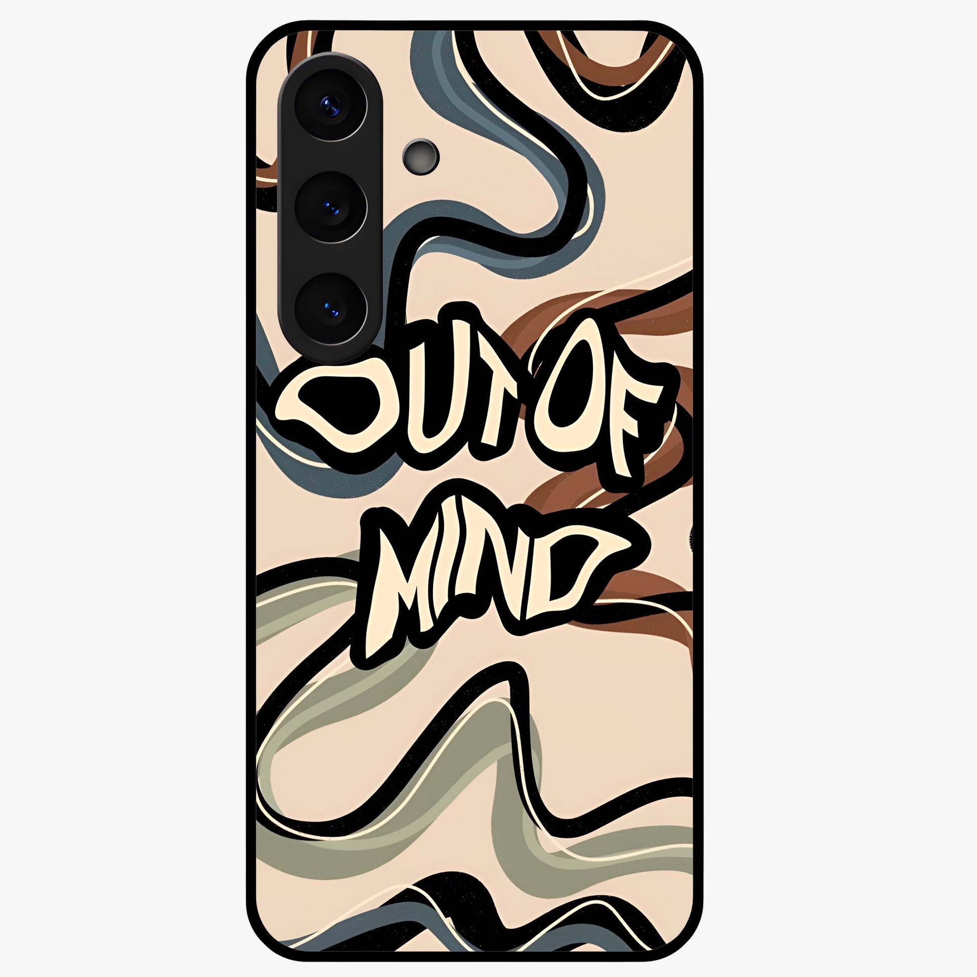 Out Of Mind Glass Case showing flat back view with expressive typography artwork and glossy glass finish.