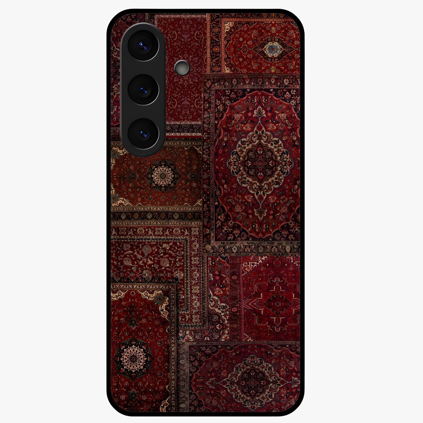 Persian Velvet Tale Glass Case showing flat back view with luxurious Persian velvet pattern artwork and glossy glass finish.