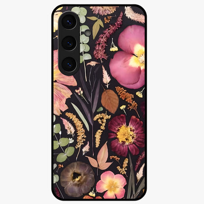 Petal Dream Tapestry Glass Case showing flat back view with intricate floral tapestry artwork and glossy glass finish.