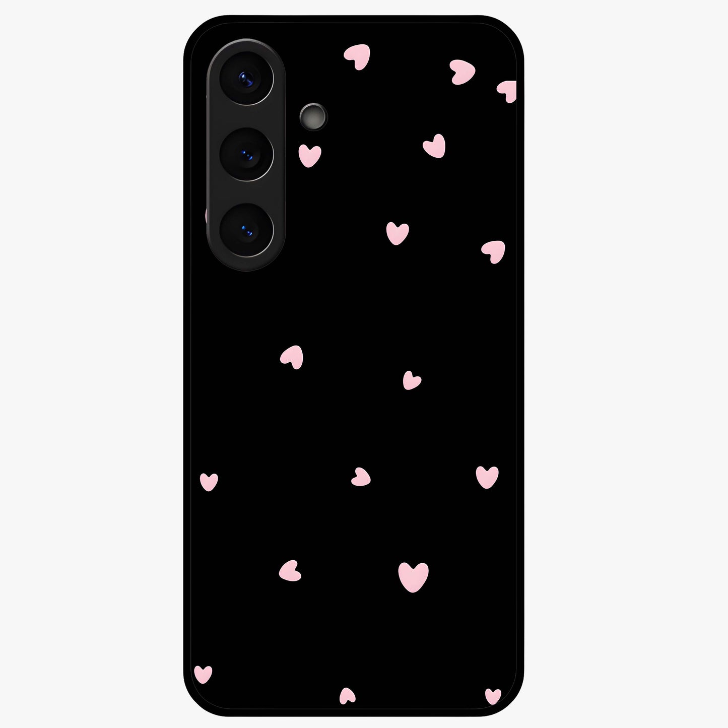 Pink Love Drops Glass Case showing flat back view with playful pink heart drops artwork and glossy glass finish.