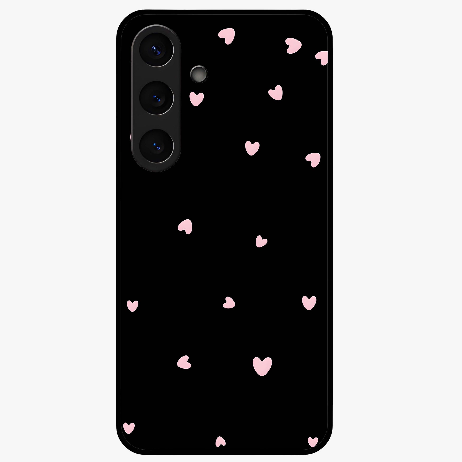 Pink Love Drops Glass Case showing flat back view with playful pink heart drops artwork and glossy glass finish.