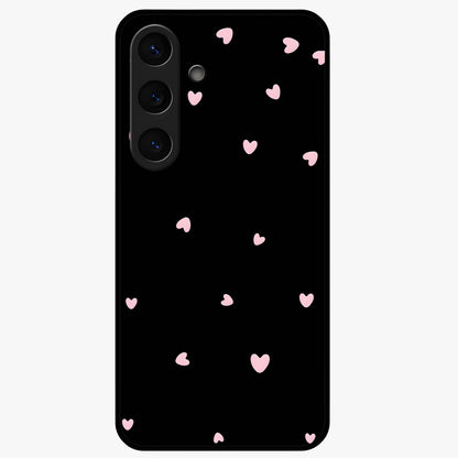 Pink Love Drops Glass Case showing flat back view with playful pink heart drops artwork and glossy glass finish.