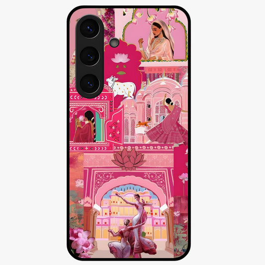 Pink Palace Muse Glass Case showing flat back view with elegant palace inspired artwork and glossy glass finish.