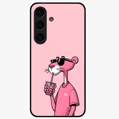 Pink Panther Glass Case showing flat back view with iconic pink panther artwork and glossy glass finish.