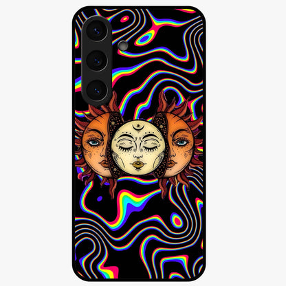 Psychedelic Sun Glass Case showing flat back view with colorful psychedelic sun artwork and glossy glass finish.