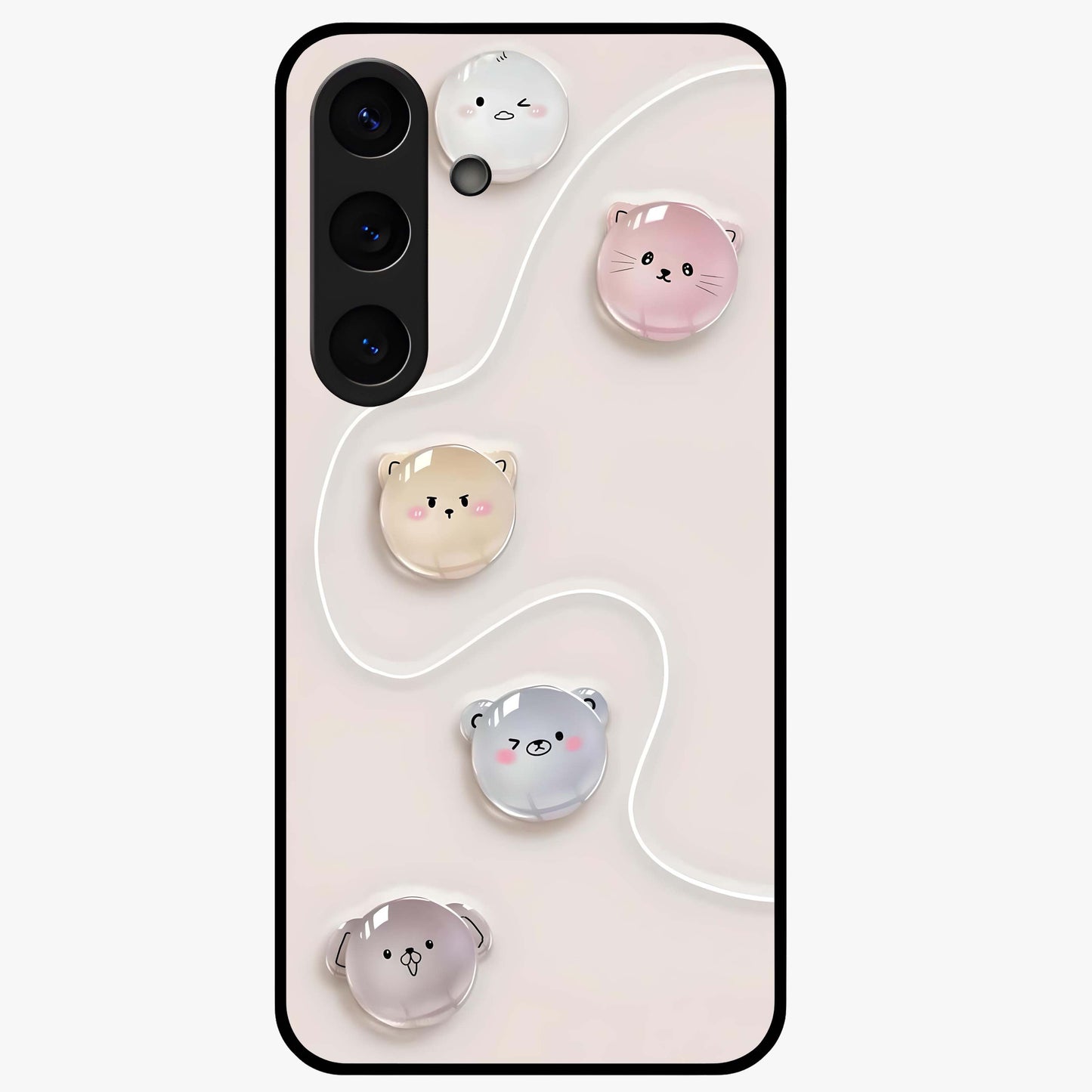 Puffy Face Parade Glass Case showing flat back view with cute puffy character faces artwork and glossy glass finish.