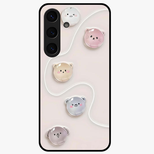 Puffy Face Parade Glass Case showing flat back view with cute puffy character faces artwork and glossy glass finish.