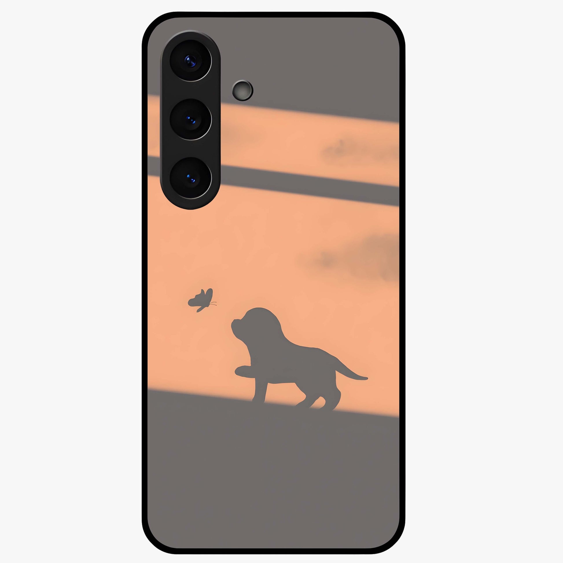 Puppy Shadow Art Glass Case showing flat back view with cute puppy shadow style artwork and glossy glass finish.