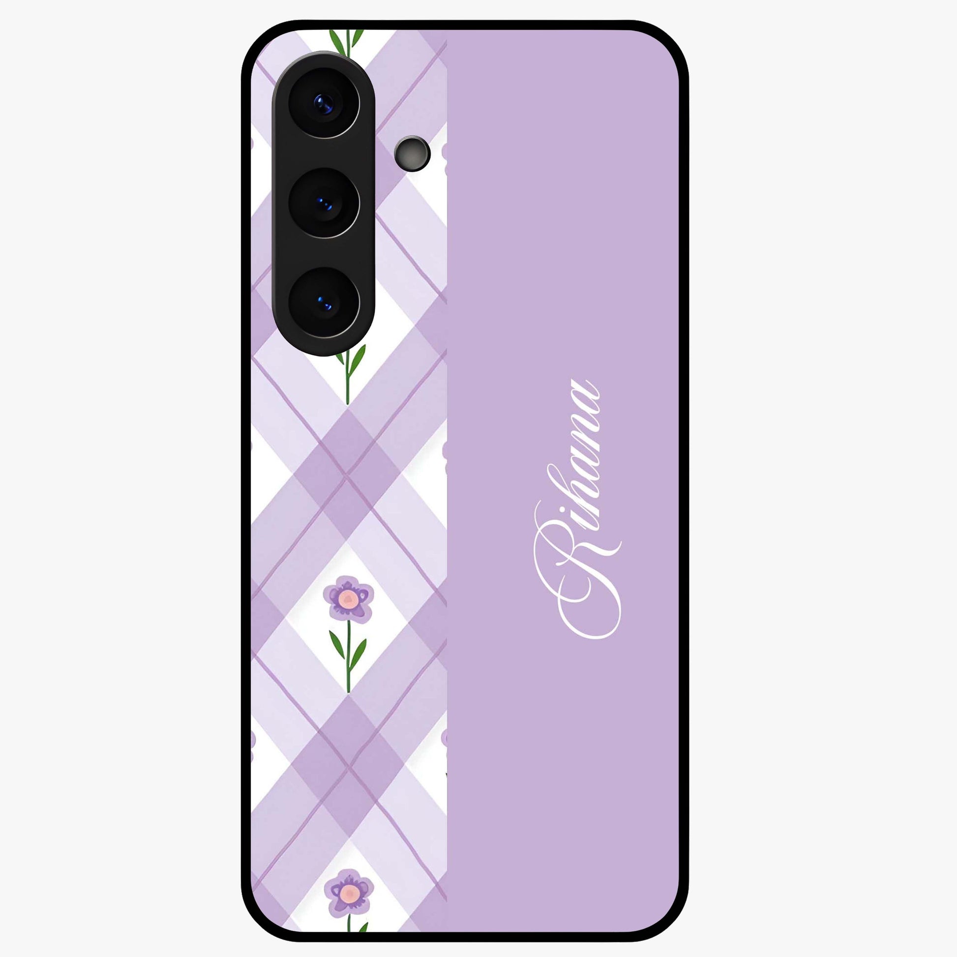 Purple Diamond Floral Glass Case showing flat back view with diamond shaped floral artwork and glossy glass finish.