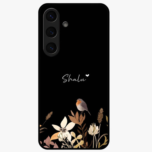 Quiet Garden Tune Custom Name Glass Case showing flat back view with peaceful garden artwork and personalized name design.