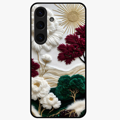 Radiant Bloom Elegance Glass Case showing flat back view with elegant blooming flower artwork and glossy glass finish.